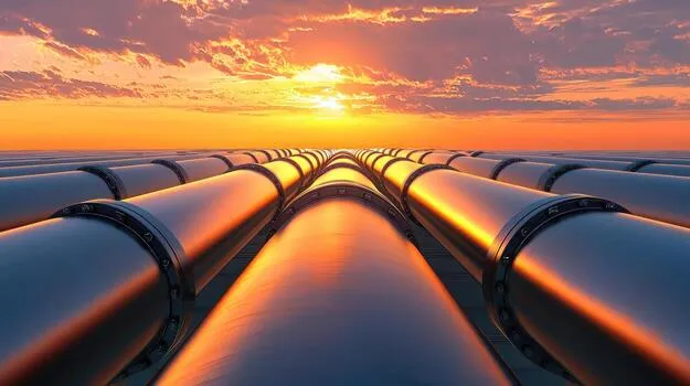Pipelines stretching into the horizon under a vibrant sunset